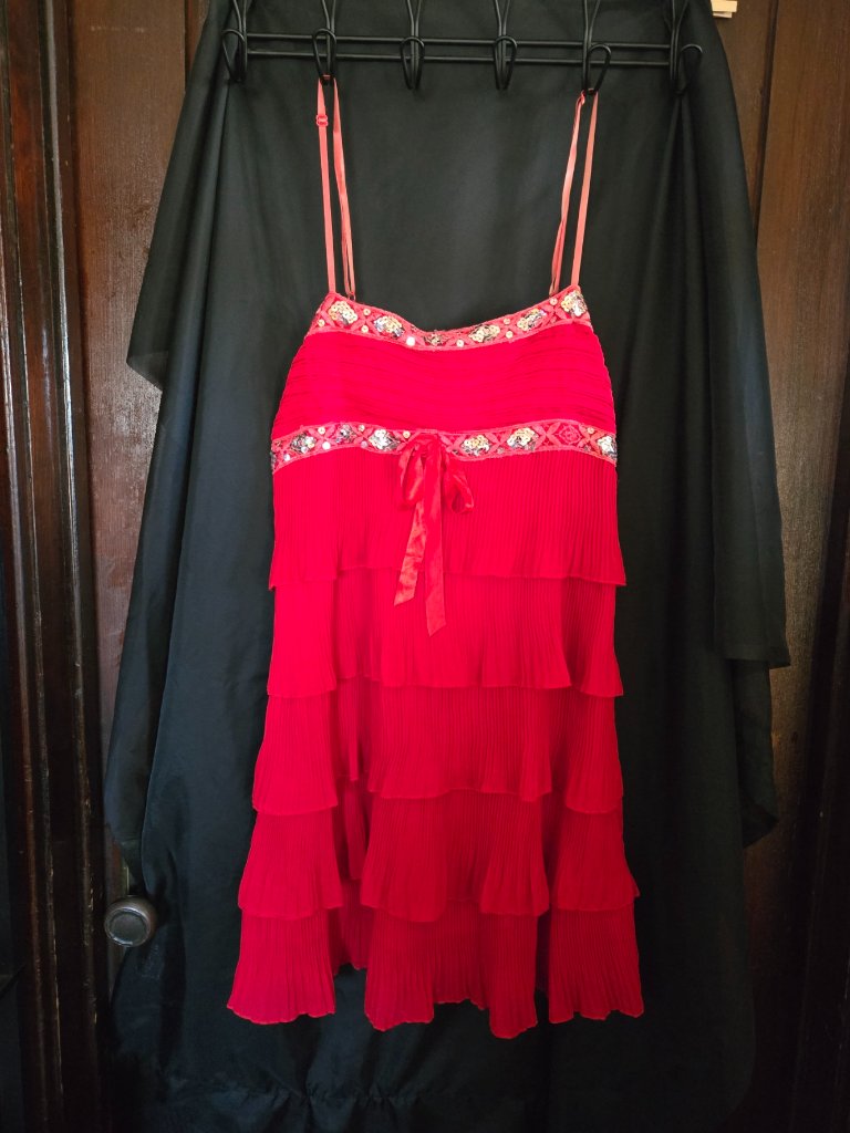 Y2k Vintage Vibrant Red Tiered Ruffle Cocktail Dress With Sequin Detail Size: L